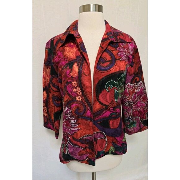 Chicos Womens Silk Blend Blazer Jacket Size 1/ Medium Red Bold Print - Picture 1 of 6